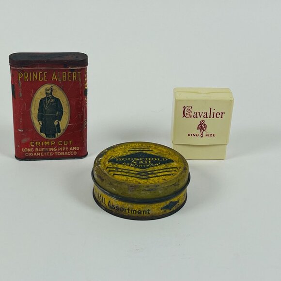Vintage 3 Tins Prince Albert Tobacco Household Nails Cavalier Cigarette Holder - Picture 2 of 10